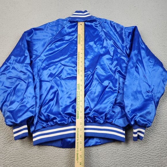 Vintage Satin Bomber Jacket Large Lined Blue Blank Snap Button Front 90s USA - Picture 7 of 11